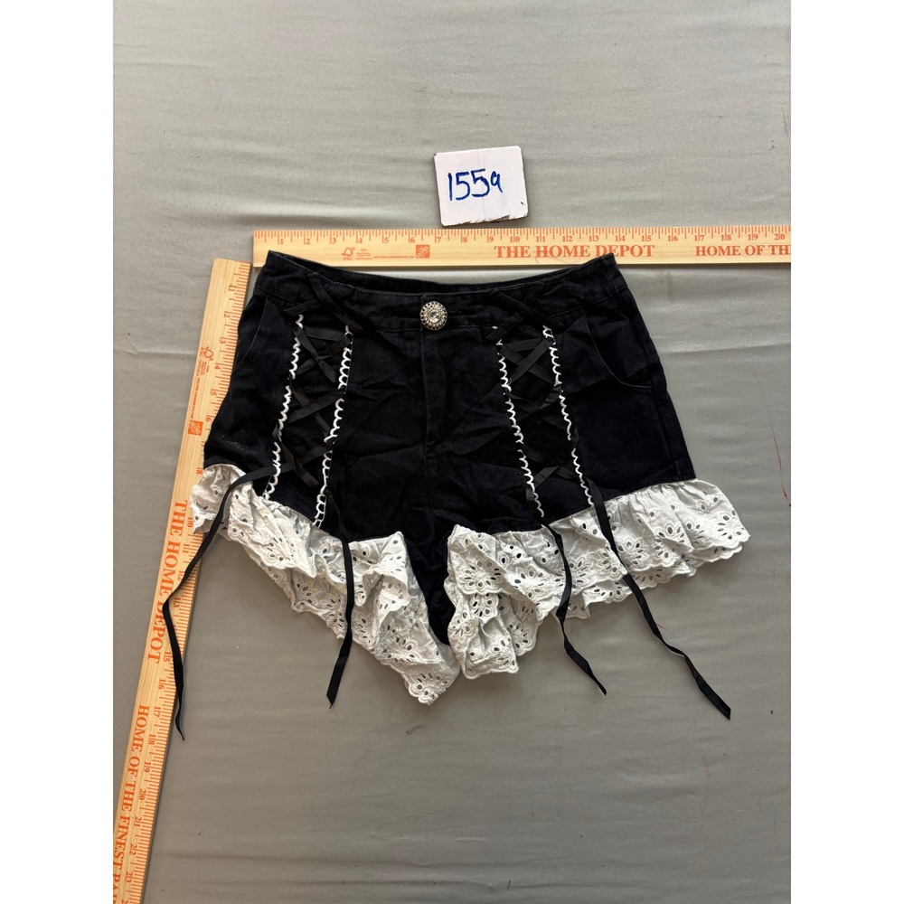 Unbranded Black Denim Eyelet Lace Ruffle Shorts Corset Lace Up Ribbon Medium